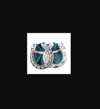 A Silver Double Horse Shoe Western Scarf Slide with turquoise and diamonds.