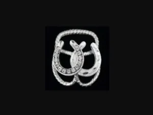 A Silver Double Horse Shoe Western Scarf Slide on a black background.