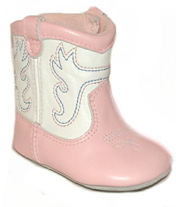A Pink and White "Up All Night" baby cowboy boot on a white background.