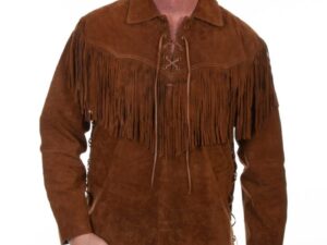 A man wearing a Scully Mens Cafe Brown suede western fringe Daniel Boone shirt.