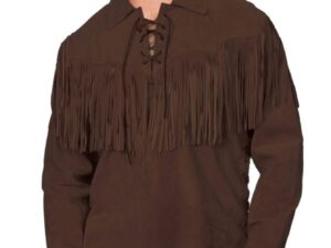 A man wearing a Scully Mens Chocolate suede western fringe Daniel Boone shirt.