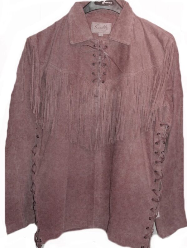 A women's Scully Mens Cafe Brown suede western fringe Daniel Boone shirt with fringes.