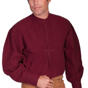 A man wearing a Men's Scully Classic 19th century Burgundy banded collar shirt and brown pants.