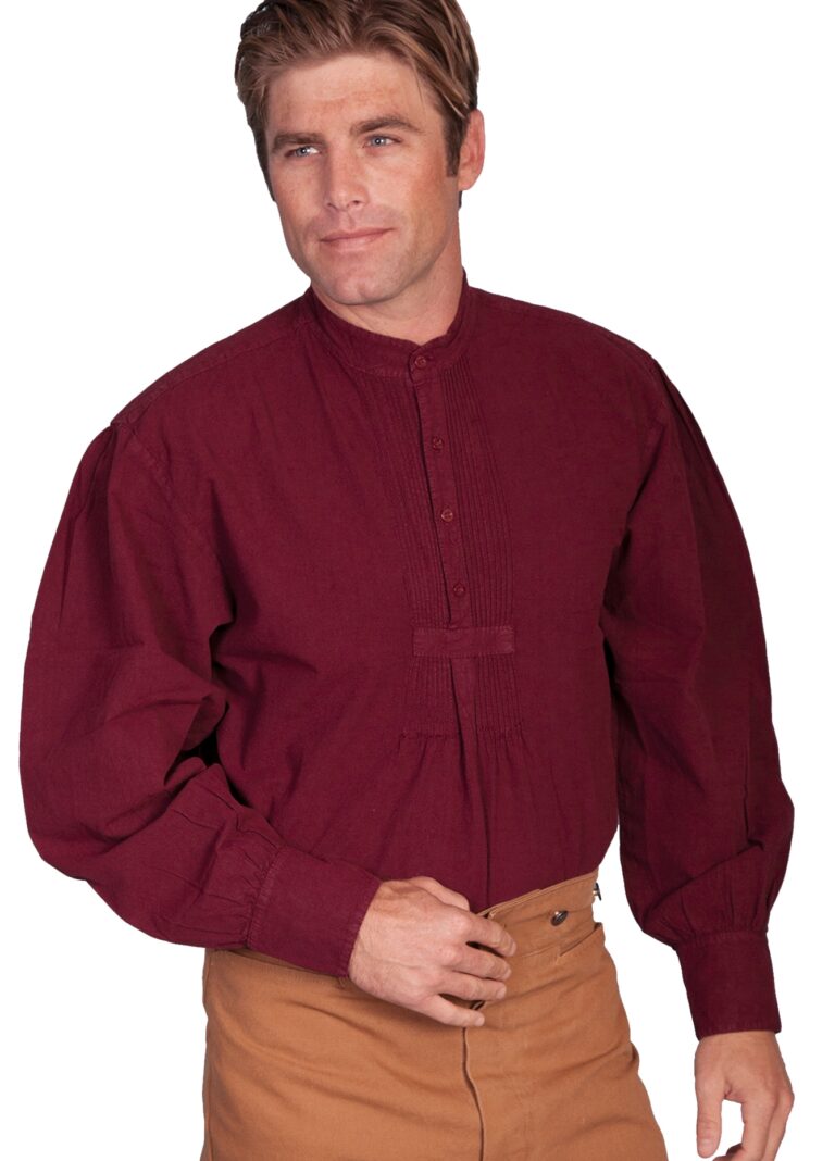 A man wearing a Men's Scully Classic 19th century Burgundy banded collar shirt and brown pants.