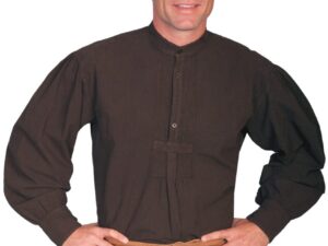 A man wearing a Mens Scully Classic 19th century Chocolate banded collar shirt and brown pants.