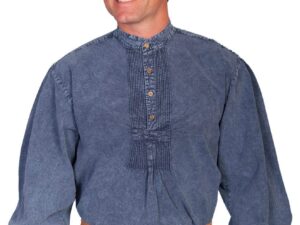 A man wearing a Mens Scully Classic 19th century Denim blue banded collar shirt and brown pants.