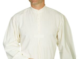 A man wearing a Mens Scully Classic 19th century Natural banded collar shirt and brown pants.