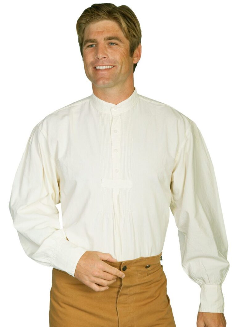 A man wearing a Mens Scully Classic 19th century Natural banded collar shirt and brown pants.