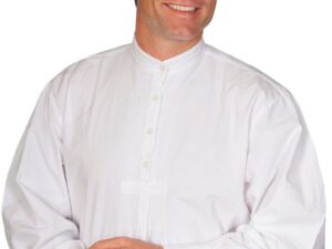A man wearing a Men's Scully Classic 19th century White banded collar shirt and tan pants.