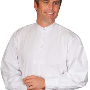 A man wearing a Men's Scully Classic 19th century White banded collar shirt and tan pants.