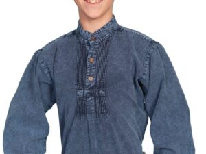 A boy wearing the Scully Rangewear Kids Denim Pleated Front Pull Over Shirt smiling at the camera.
