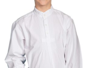 A boy in the Scully Rangewear Kids White Pleated Front Pull Over Shirt.