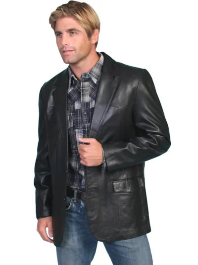Scully Mens Black Lambskin leather Western blazer <li>2 outside pockets</li> <li>Front, back western yoke</li> <li><strong>REG or LONG 36-56</strong></li> •