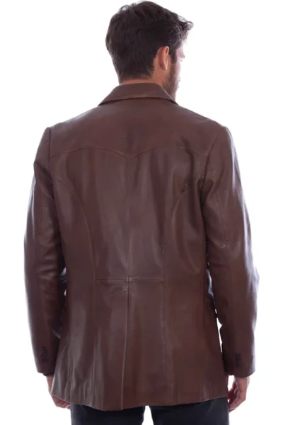 Mens Scully Chocolate Brown leather Western blazer <ul style="list-style: square inside none;"> <li>Satin Inner lining</li> <li>2 outside pockets with flap</li> <li>front, back western yoke</li> <li><strong>36-56 Reg: 40 -56 Long</strong></li> </ul> •