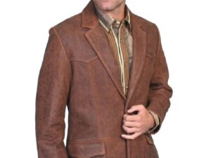 Brown Cracked Lambskin Leather Mens Long Western blazer