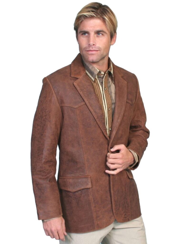 Brown Cracked Lambskin Leather Mens Long Western blazer
