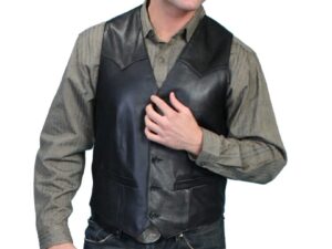 A man wearing a Mens Scully Lambskin Leather Traditional Black Western Vest.
