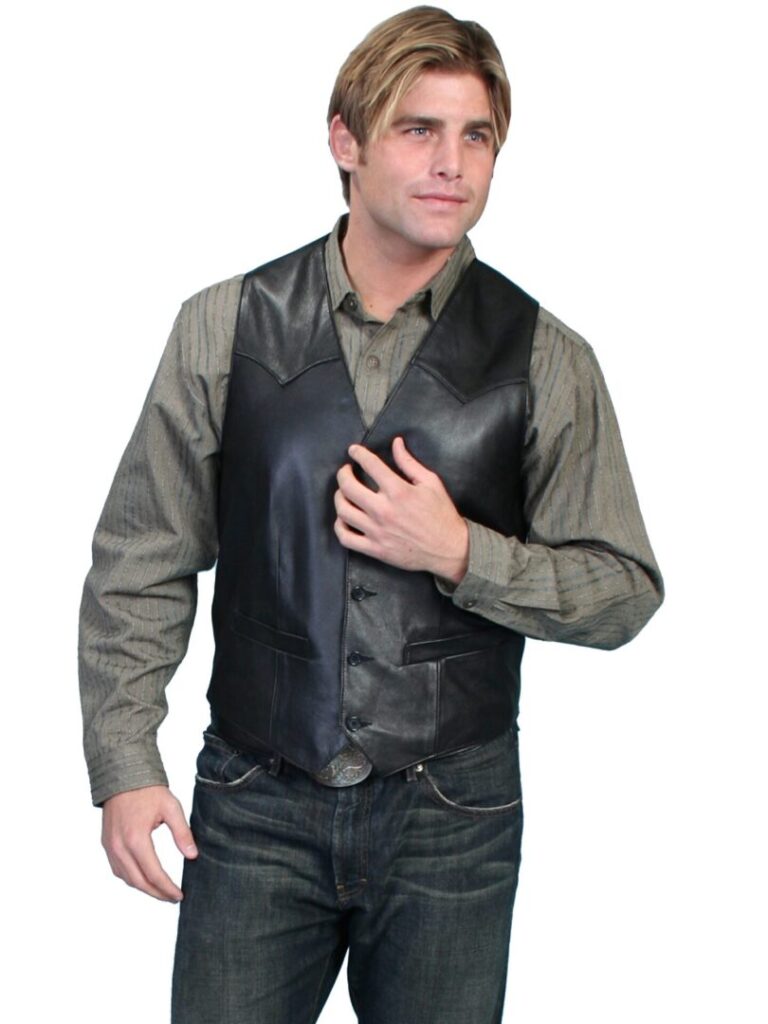 A man wearing a Mens Scully Lambskin Leather Traditional Black Western Vest.