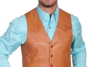A man wearing a Mens Scully Lambskin Leather Traditional Ranch Tan Western Vest and blue shirt.