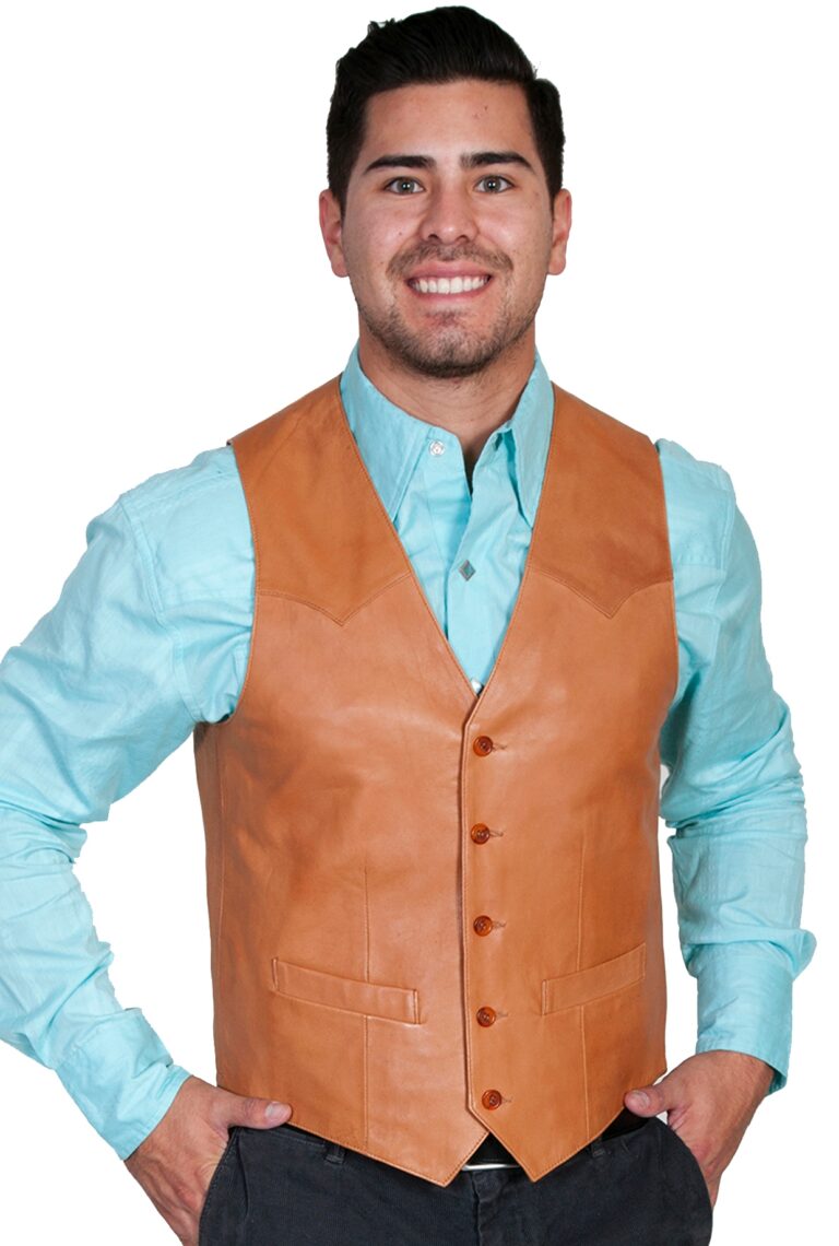 A man wearing a Mens Scully Lambskin Leather Traditional Ranch Tan Western Vest and blue shirt.
