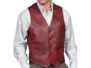 A man wearing a Mens Scully Lambskin Leather Traditional Cherry Western Vest.