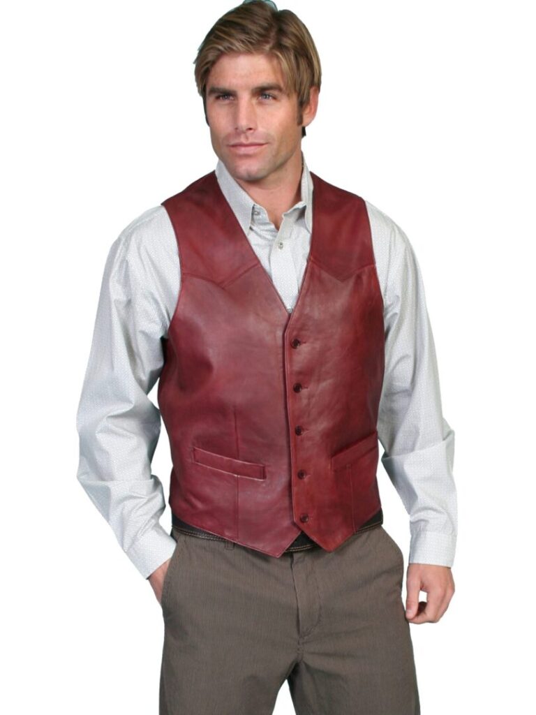 A man wearing a Mens Scully Lambskin Leather Traditional Cherry Western Vest.