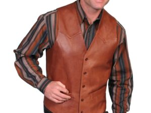 A man wearing a Mens Scully Lambskin Leather Traditional Antique Western Vest.