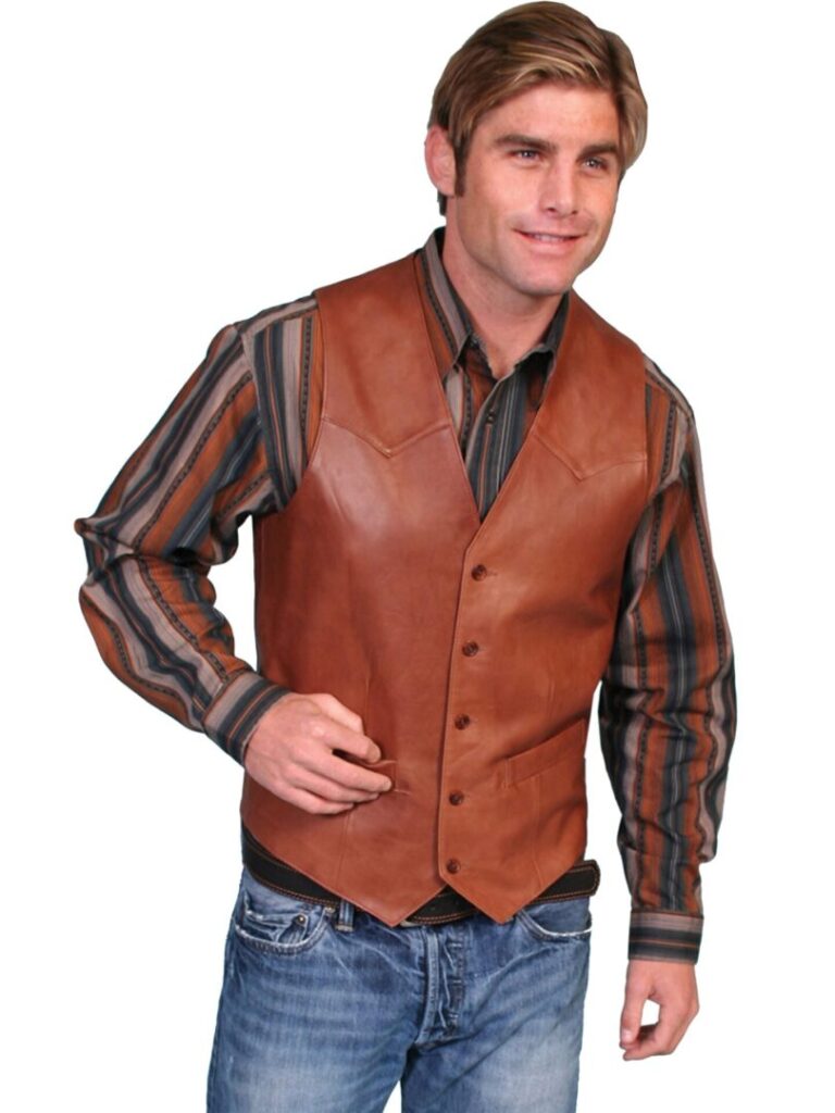 A man wearing a Mens Scully Lambskin Leather Traditional Antique Western Vest.
