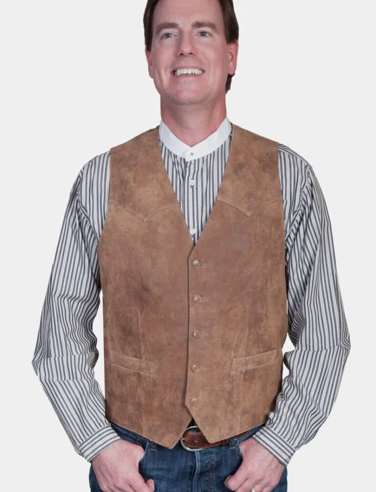 A man wearing a Mens Maple Brown Nubuck lamb leather Scully western vest.
