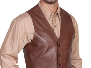 A man wearing a Mens Scully Lambskin Leather Chocolate Brown Western Vest.