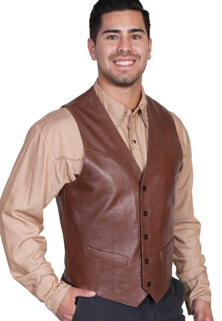 A man wearing a Mens Scully Lambskin Leather Chocolate Brown Western Vest.