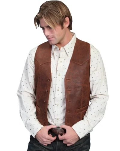 <p>Mens Scully Lambskin Leather Distressed Brown Western Vest</p> <ul style="list-style: square inside none;"> <li>Front pockets</li> <li>LAMBSKIN</li> <li>Mens sizes: 36-56 Reg </li> <li>40L -56 Long</li> </ul> <p> </p> •