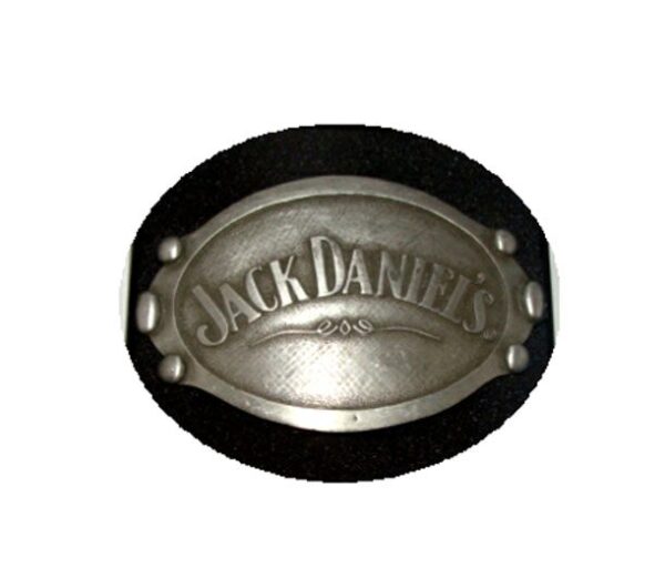 Jack Daniel's Beaded Edge swing logo Western belt buckle on a black belt buckle.