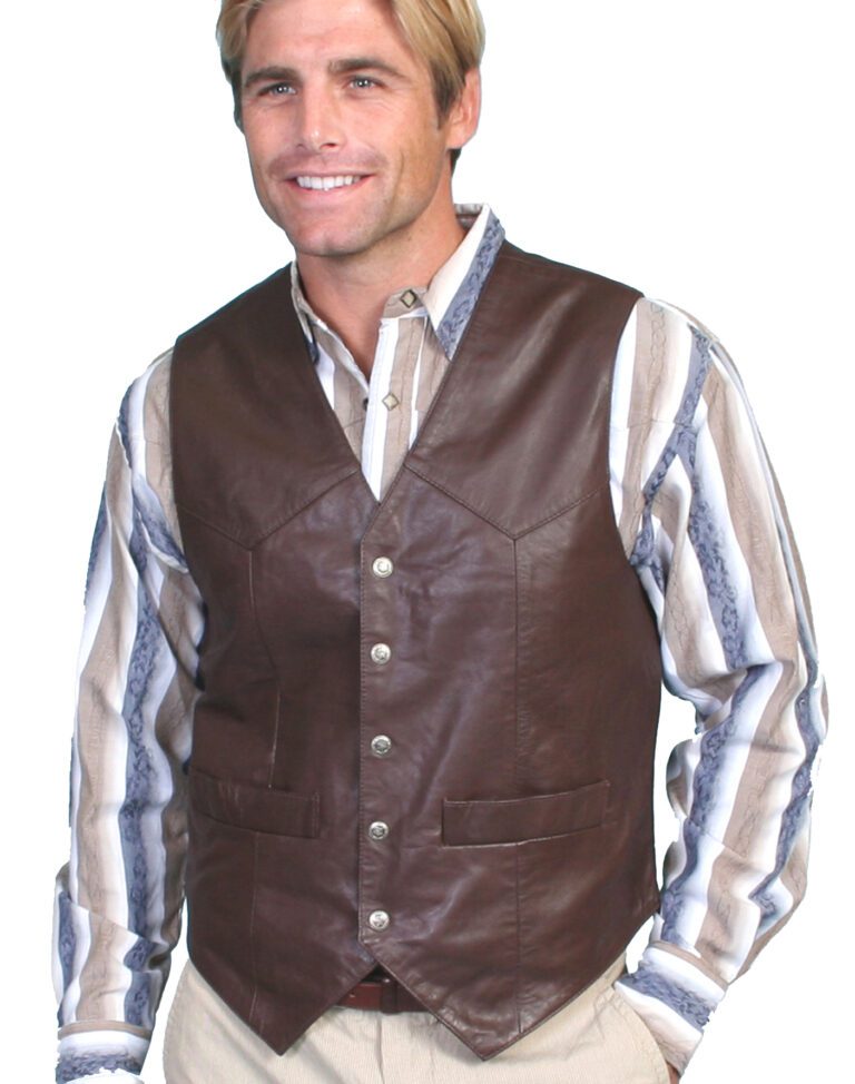 A man wearing a Men's Scully Brown Lambskin Snap Front Classic Western Vest.