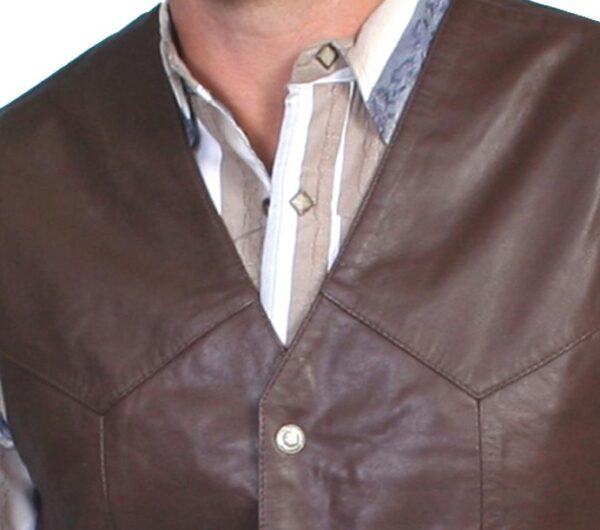 A man wearing a Mens Scully Brown Lambskin Snap Front Classic Western Vest.