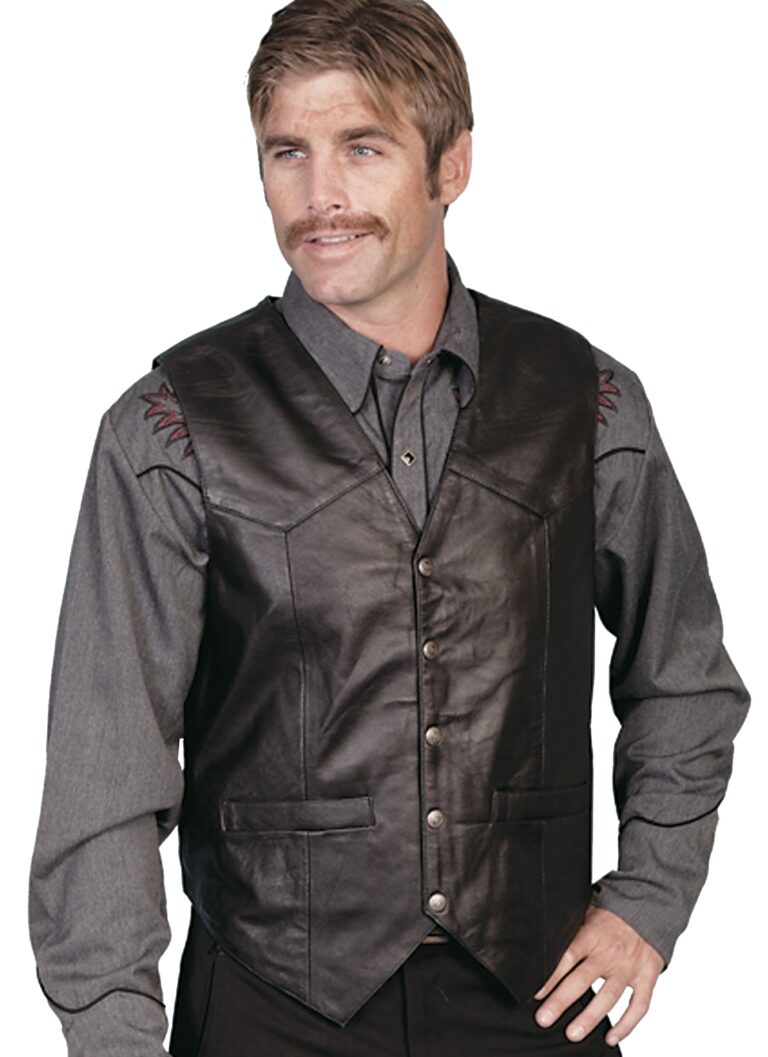 A man wearing a Mens Scully Black Lambskin Snap Front Classic Western Vest and shirt.