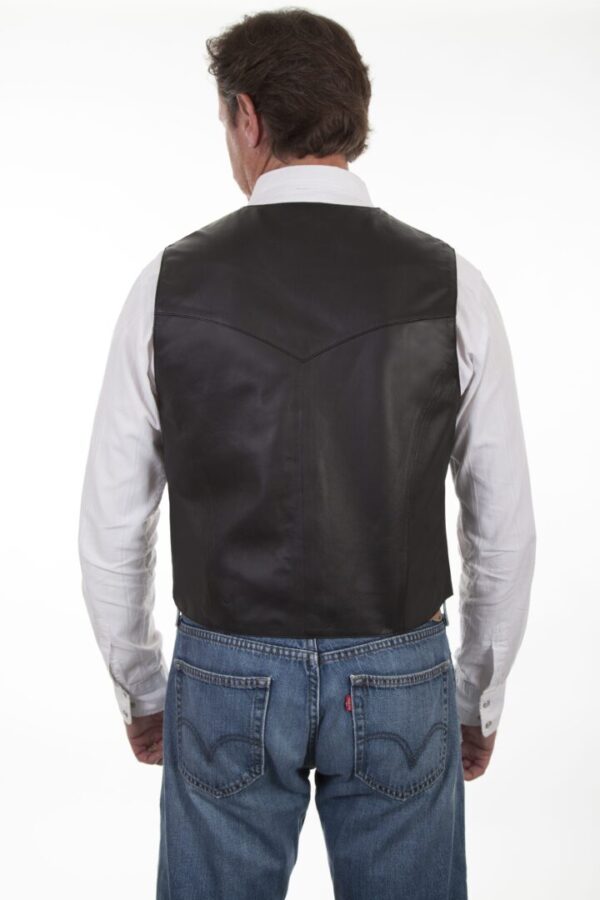 The back of a man wearing a Mens Scully Black Lambskin Snap Front Classic Western Vest.