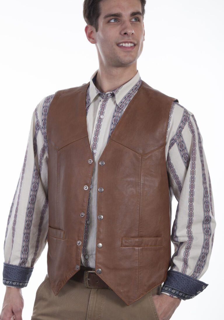 A man wearing a Men's Scully Saddle Tan Lambskin Leather Snap Western Vest.