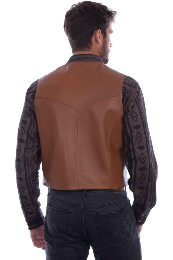 The back of a man wearing a Mens Scully Saddle Tan Lambskin Leather Snap Western Vest.