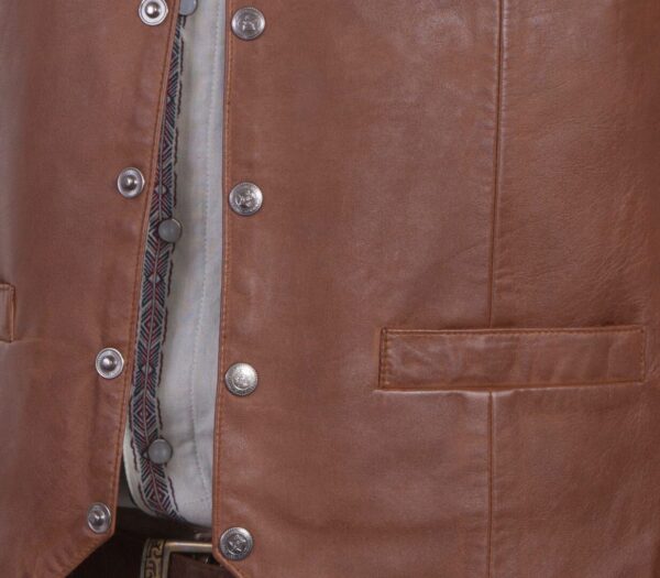 A Mens Scully Saddle Tan Lambskin Leather Snap Western Vest with buttons and a belt.