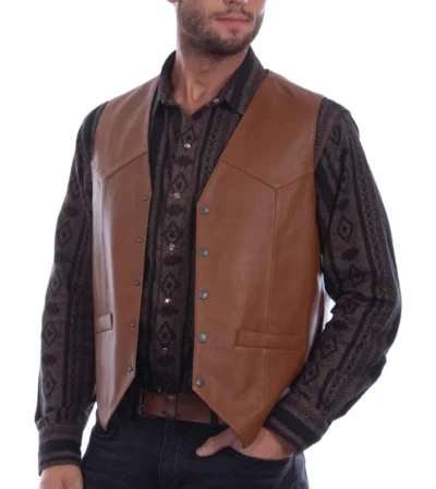 Men's Scully Saddle Tan Lambskin Leather Snap Western Vest