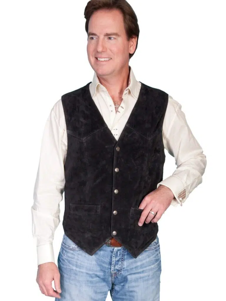 Mens Scully Black Calf Suede Snap Front Classic Western Vest, hi-res.