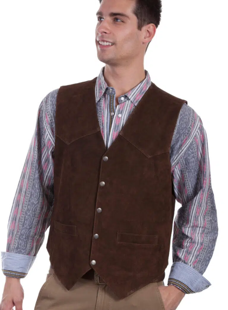 Mens Scully Brown Calf Suede Snap Front Classic Western Vest, brown, hi-res.