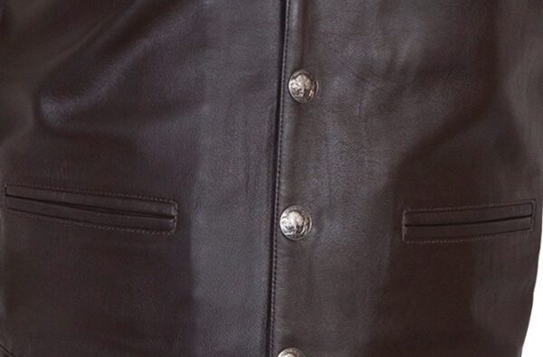 A Mens Scully Brown Lambskin Buffalo Snap Front Western Vest with buttons.