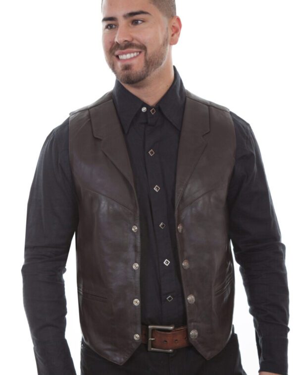 A man wearing a Men's Scully Brown Lambskin Buffalo Snap Front Western Vest.