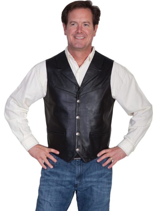A man wearing a Mens Scully Black Lambskin Buffalo Snap Front Western Vest.