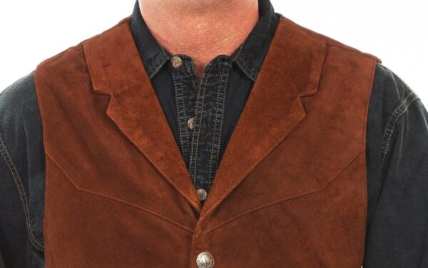 A man wearing a Mens Scully Snap Front Cafe Brown Suede Western Vest.