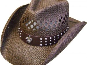 A Brown Fleur De Lis Rhinestone Straw Cowboy Hat with a studded band.