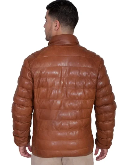 Mens brown cognac Leather Ribbed Puffer Jacket