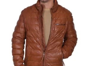 A man wearing a Mens Cognac Leather Ribbed Puffer Jacket.
